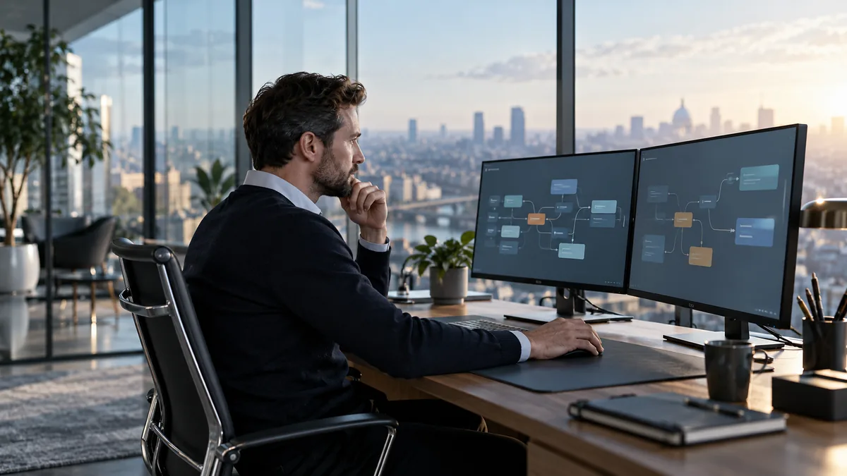 Professionnel supervisant un processus numérique depuis deux écrans dans un bureau.