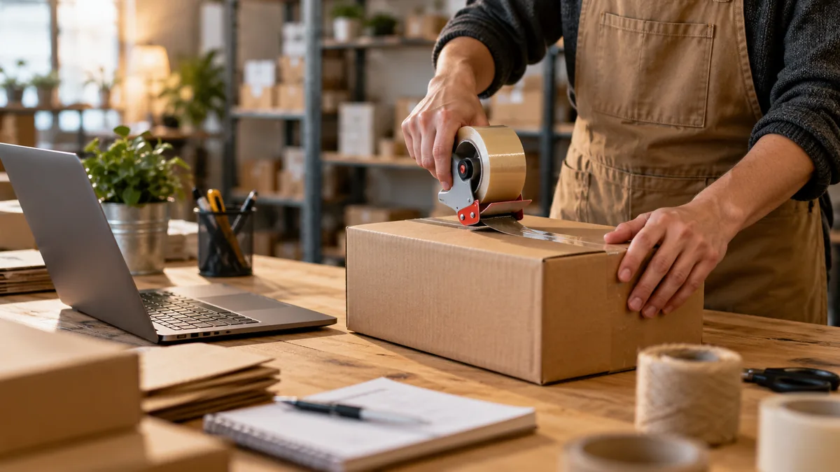 Préparation d’un colis à proximité d’un ordinateur dans un espace de vente en ligne.