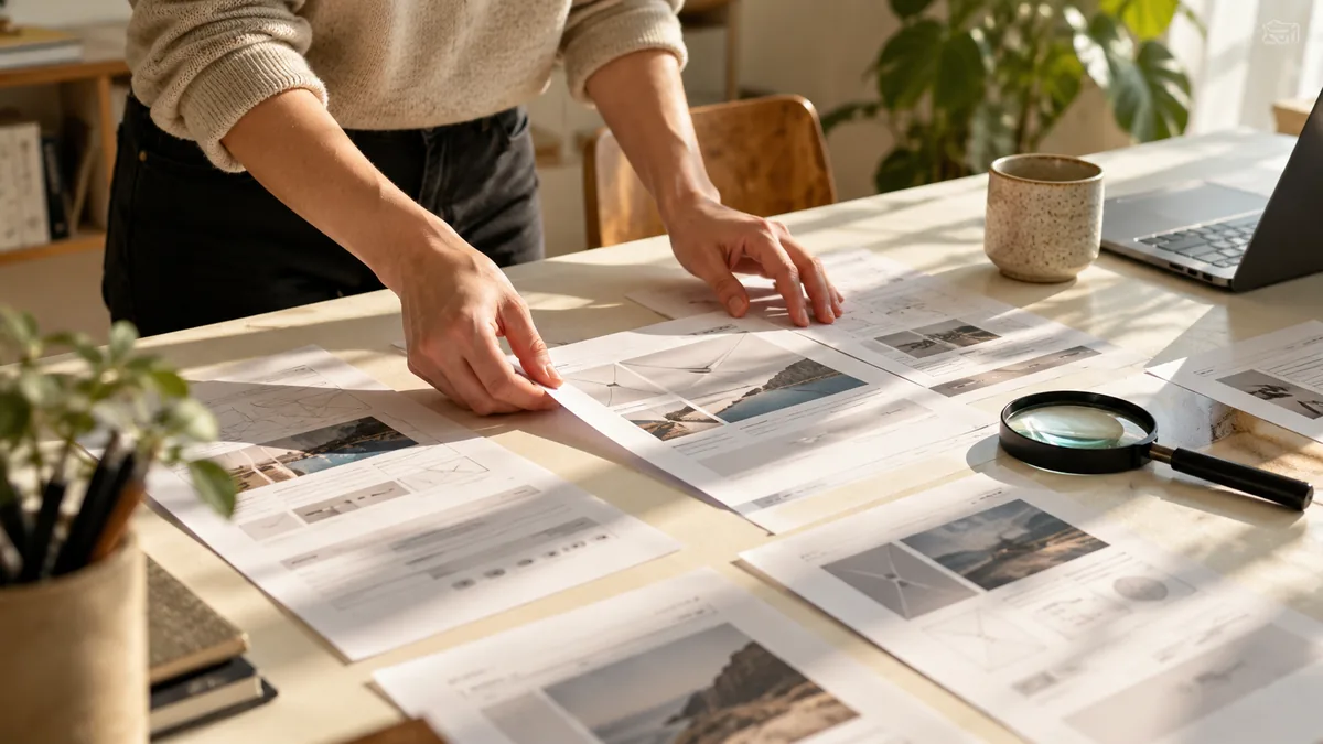 Plans de pages web et loupe disposés sur la table d’un spécialiste du référencement.