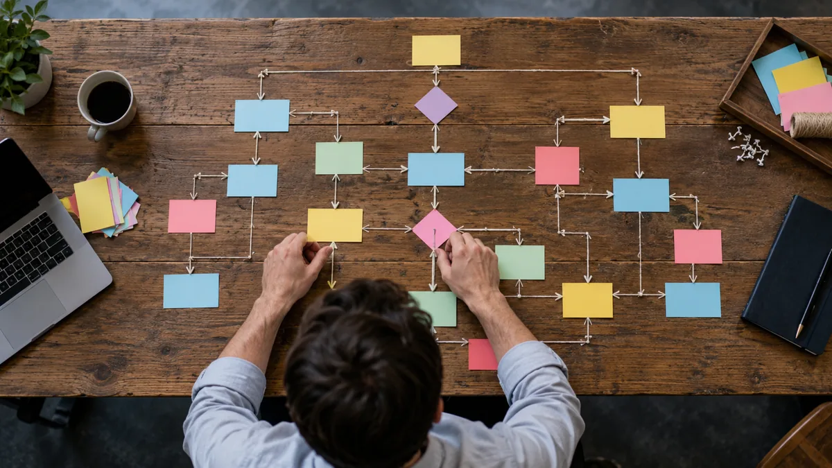 Organisation d’un processus avec des cartes de couleur et des connexions sur une table.