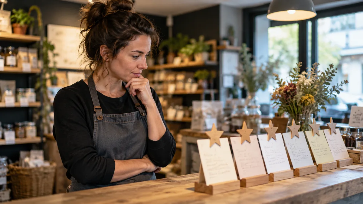 Examen de cartes représentant des évaluations et des retours clients dans un commerce.
