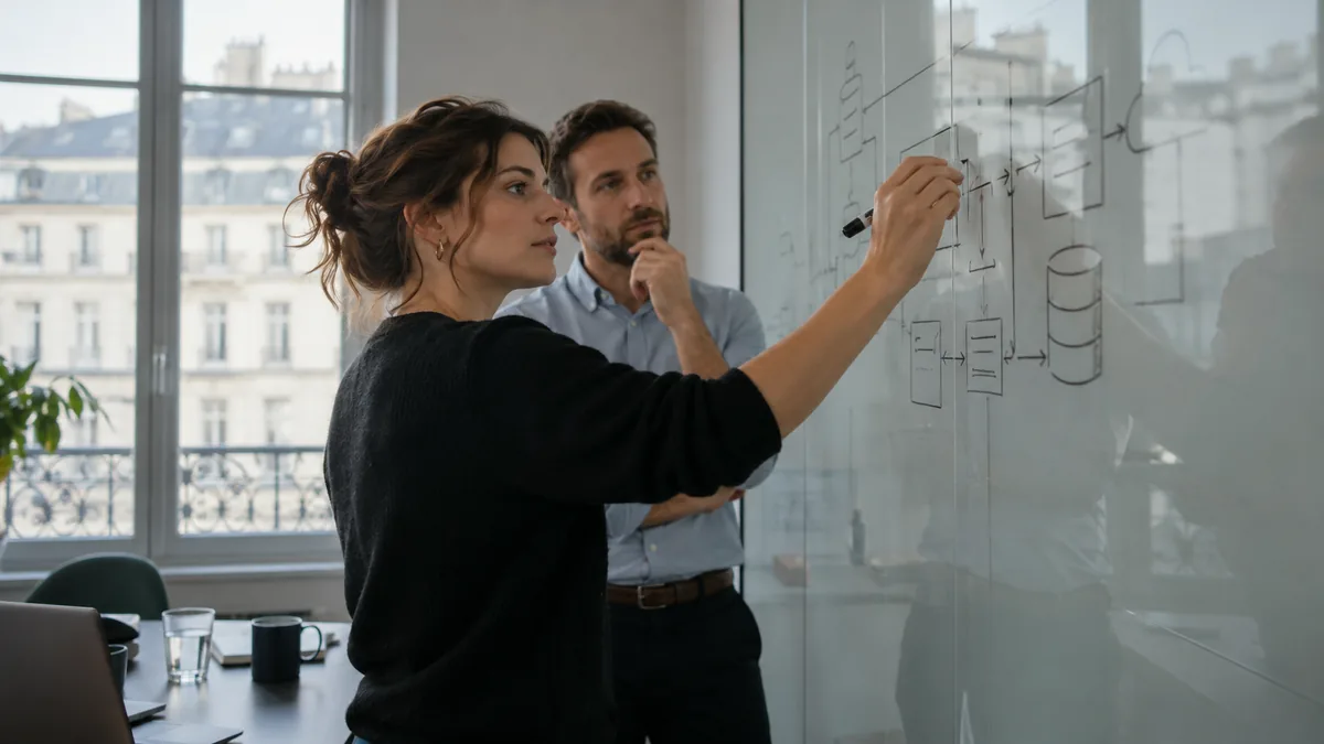 Deux collègues dessinent une architecture de données client sur un tableau vitré.