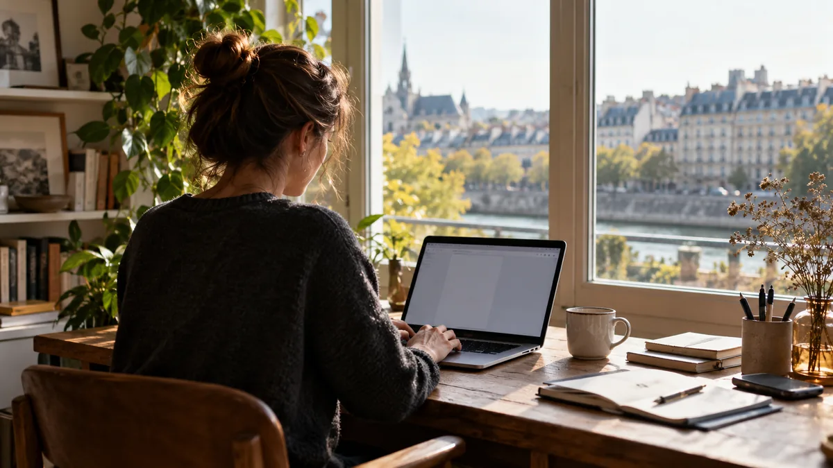 Professionnel rédigeant une newsletter sur son ordinateur près d’une fenêtre.