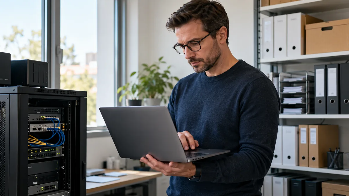 Spécialiste informatique travaillant près de documents classés et d’un équipement serveur.