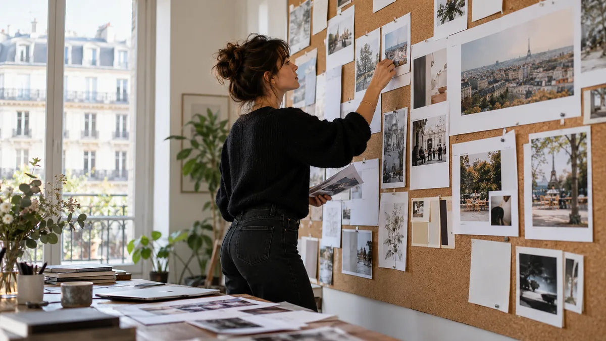 Organisation d’un planning éditorial avec des documents sur un mur de travail.