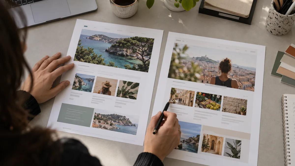 Comparaison de deux maquettes de pages sur la table d’un chercheur.