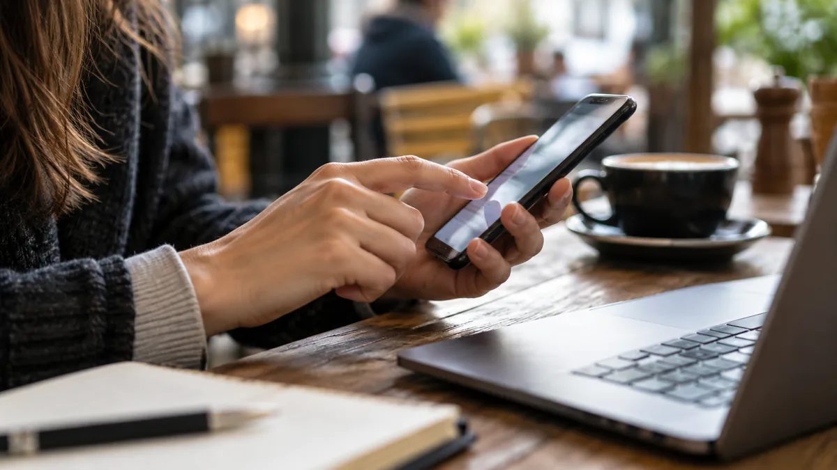 Interaction avec un smartphone à la table d’un café.